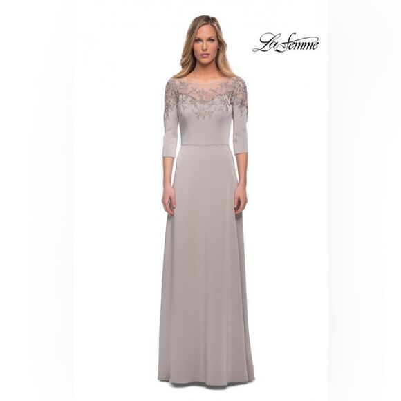 La Femme 29227 Silver Illusion Bateau Embellished A-line Evening Dress Size 6
